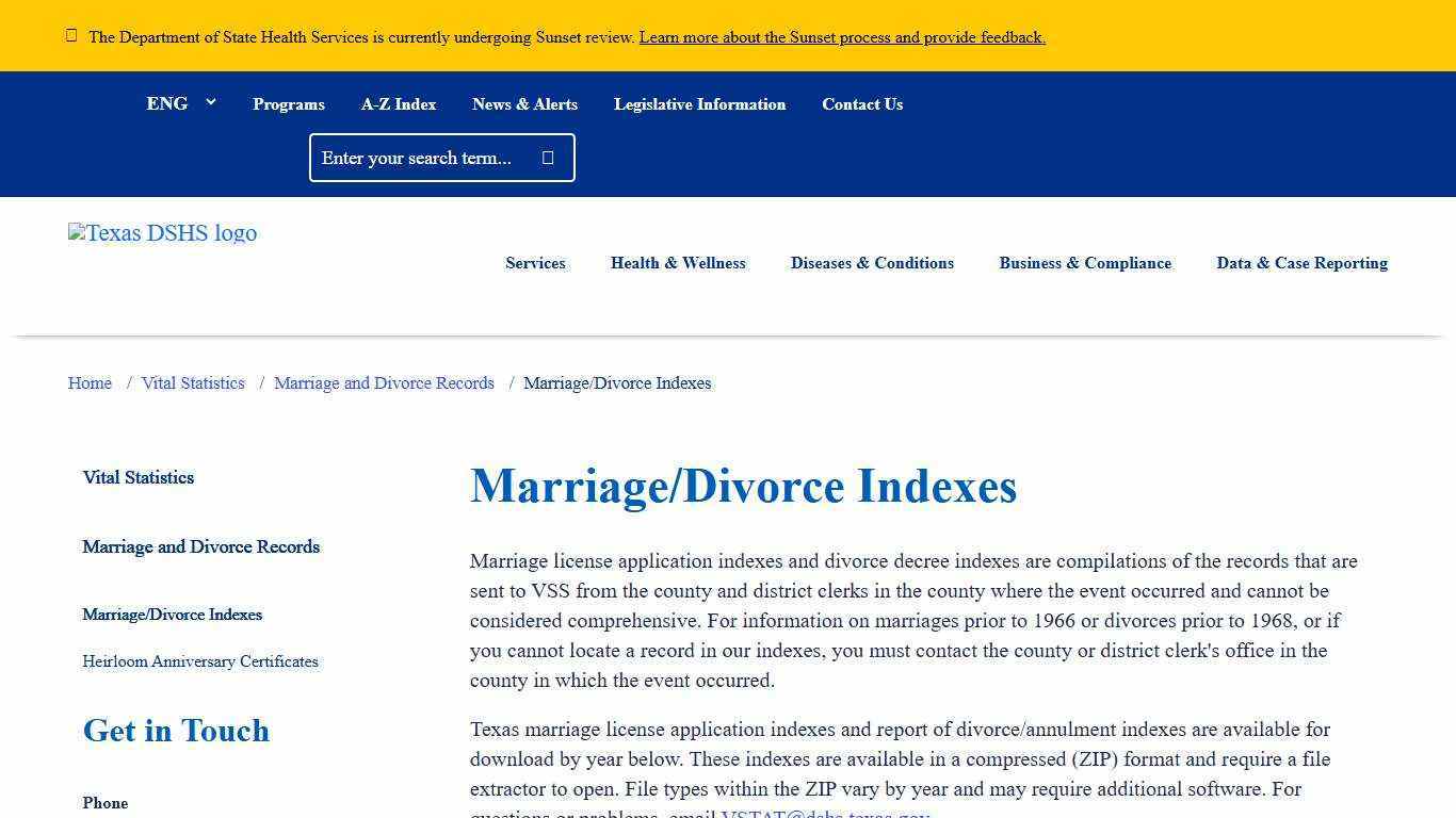 Marriage/Divorce Indexes | Texas DSHS